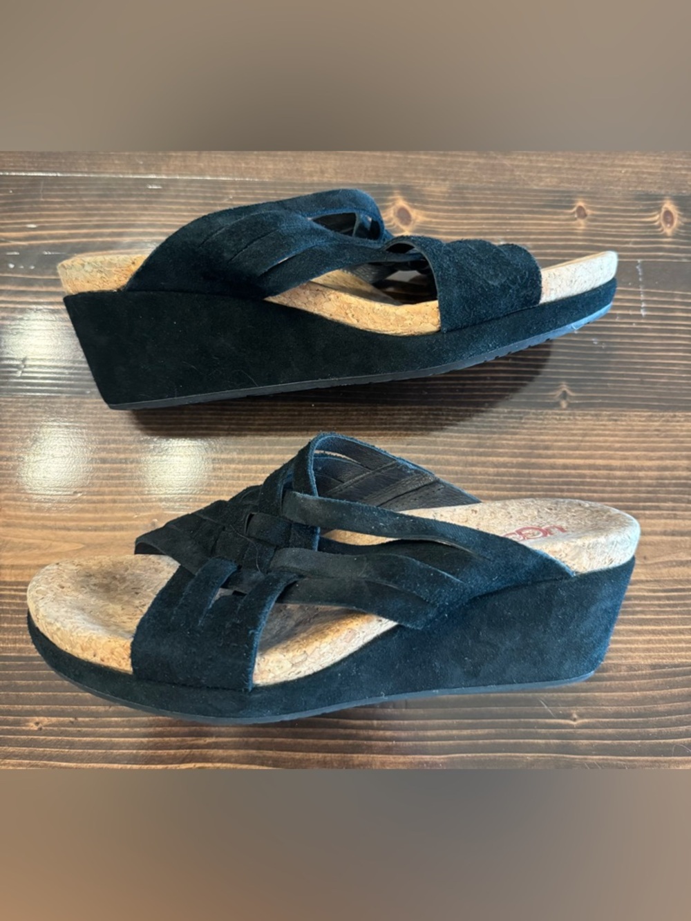 UGG‎ Women's Black Suede Strappy Wedge Slide Sandals Size 7